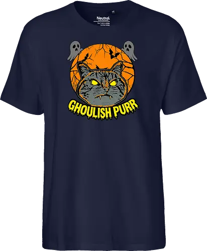 Ghoulish Purr – Lustige Halloween Katze mit Kürbis - Halloween, Katze, Halloween Katze, Ghoulish Purr, Kürbis, Fledermaus, Spooky, Grusel, lustig, schwarze Katze, Katzenfan, Herbst, Gothic, Geister, Halloweenzeit - Fairtrade T-Shirt