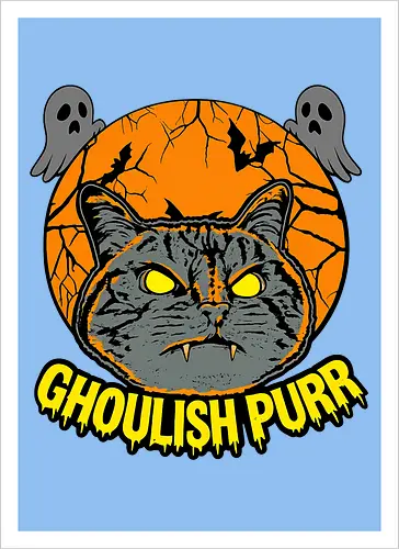 Ghoulish Purr – Lustige Halloween Katze mit Kürbis - Halloween, Katze, Halloween Katze, Ghoulish Purr, Kürbis, Fledermaus, Spooky, Grusel, lustig, schwarze Katze, Katzenfan, Herbst, Gothic, Geister, Halloweenzeit - Artprint