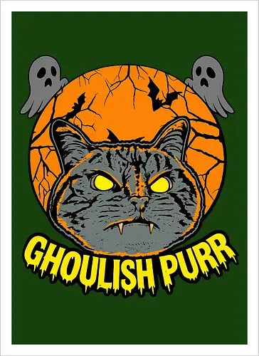 Ghoulish Purr – Lustige Halloween Katze mit Kürbis - Halloween, Katze, Halloween Katze, Ghoulish Purr, Kürbis, Fledermaus, Spooky, Grusel, lustig, schwarze Katze, Katzenfan, Herbst, Gothic, Geister, Halloweenzeit - Artprint