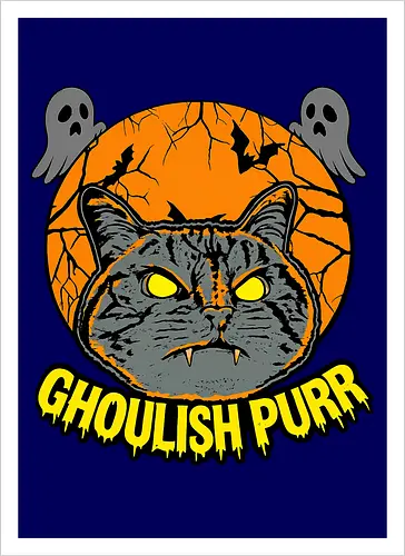 Ghoulish Purr – Lustige Halloween Katze mit Kürbis - Halloween, Katze, Halloween Katze, Ghoulish Purr, Kürbis, Fledermaus, Spooky, Grusel, lustig, schwarze Katze, Katzenfan, Herbst, Gothic, Geister, Halloweenzeit - Artprint