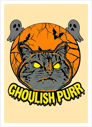 Ghoulish Purr – Lustige Halloween Katze mit Kürbis - Halloween, Katze, Halloween Katze, Ghoulish Purr, Kürbis, Fledermaus, Spooky, Grusel, lustig, schwarze Katze, Katzenfan, Herbst, Gothic, Geister, Halloweenzeit - Artprint