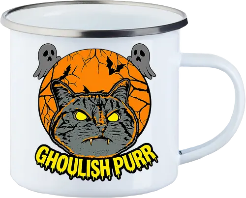Ghoulish Purr – Lustige Halloween Katze mit Kürbis - Halloween, Katze, Halloween Katze, Ghoulish Purr, Kürbis, Fledermaus, Spooky, Grusel, lustig, schwarze Katze, Katzenfan, Herbst, Gothic, Geister, Halloweenzeit - Enamel Mug