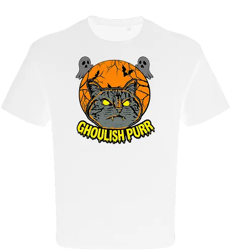 Ghoulish Purr – Lustige Halloween Katze mit Kürbis - Halloween, Katze, Halloween Katze, Ghoulish Purr, Kürbis, Fledermaus, Spooky, Grusel, lustig, schwarze Katze, Katzenfan, Herbst, Gothic, Geister, Halloweenzeit - Oversize T-Shirt