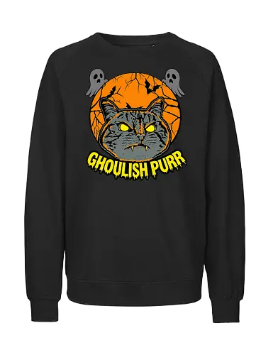 Ghoulish Purr – Lustige Halloween Katze mit Kürbis - Halloween, Katze, Halloween Katze, Ghoulish Purr, Kürbis, Fledermaus, Spooky, Grusel, lustig, schwarze Katze, Katzenfan, Herbst, Gothic, Geister, Halloweenzeit - Fairtrade Sweatshirt