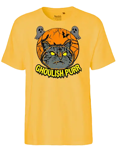 Ghoulish Purr – Lustige Halloween Katze mit Kürbis - Halloween, Katze, Halloween Katze, Ghoulish Purr, Kürbis, Fledermaus, Spooky, Grusel, lustig, schwarze Katze, Katzenfan, Herbst, Gothic, Geister, Halloweenzeit - Fairtrade T-Shirt