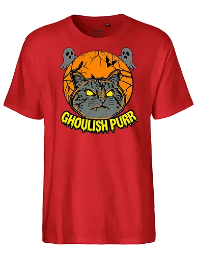 Ghoulish Purr – Lustige Halloween Katze mit Kürbis - Halloween, Katze, Halloween Katze, Ghoulish Purr, Kürbis, Fledermaus, Spooky, Grusel, lustig, schwarze Katze, Katzenfan, Herbst, Gothic, Geister, Halloweenzeit - Fairtrade T-Shirt