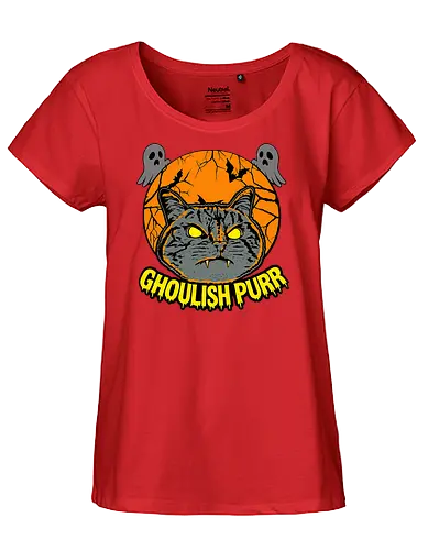 Ghoulish Purr – Lustige Halloween Katze mit Kürbis - Halloween, Katze, Halloween Katze, Ghoulish Purr, Kürbis, Fledermaus, Spooky, Grusel, lustig, schwarze Katze, Katzenfan, Herbst, Gothic, Geister, Halloweenzeit - Fairtrade Girl Shirt