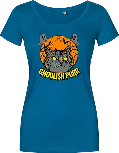 Ghoulish Purr – Lustige Halloween Katze mit Kürbis - Halloween, Katze, Halloween Katze, Ghoulish Purr, Kürbis, Fledermaus, Spooky, Grusel, lustig, schwarze Katze, Katzenfan, Herbst, Gothic, Geister, Halloweenzeit - Women T-Shirt