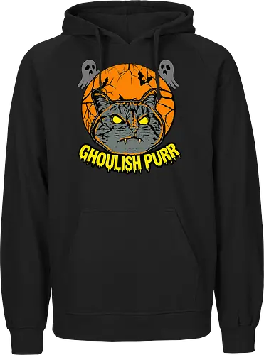 Ghoulish Purr – Lustige Halloween Katze mit Kürbis - Halloween, Katze, Halloween Katze, Ghoulish Purr, Kürbis, Fledermaus, Spooky, Grusel, lustig, schwarze Katze, Katzenfan, Herbst, Gothic, Geister, Halloweenzeit - Fairtrade Hoodie