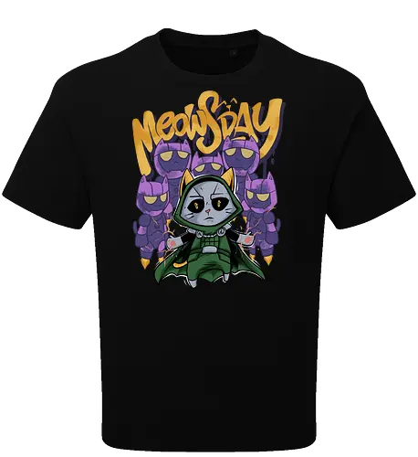 meowsday is coming - cat, meow, kitty, fun, avenger, drdoom, doomsday, cartoon, fantastic, hoomanlover, catlover, sentinel, superhero, villain - Oversize T-Shirt