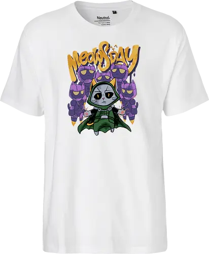 meowsday is coming - cat, meow, kitty, fun, avenger, drdoom, doomsday, cartoon, fantastic, hoomanlover, catlover, sentinel, superhero, villain - Fairtrade T-Shirt