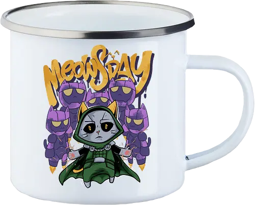 meowsday is coming - cat, meow, kitty, fun, avenger, drdoom, doomsday, cartoon, fantastic, hoomanlover, catlover, sentinel, superhero, villain - Enamel Mug