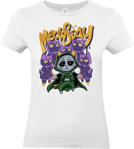 meowsday is coming - cat, meow, kitty, fun, avenger, drdoom, doomsday, cartoon, fantastic, hoomanlover, catlover, sentinel, superhero, villain - Standard T-Shirt (Women)