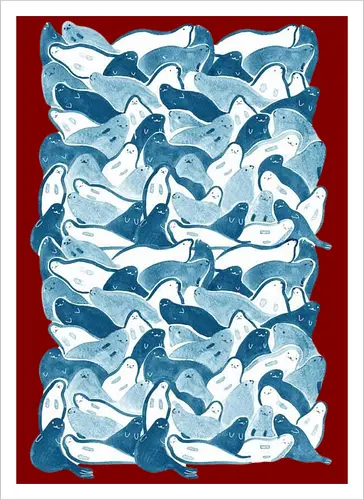 Blaue Robben Ozeanmuster - Aquarellmuster Ozean, Meer, niedliche blaue Tiere, Mosaik, Wildtiere, nautische Illustration, Kawaii, wiederholend, verspielt - Artprint