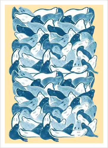 Blaue Robben Ozeanmuster - Aquarellmuster Ozean, Meer, niedliche blaue Tiere, Mosaik, Wildtiere, nautische Illustration, Kawaii, wiederholend, verspielt - Artprint