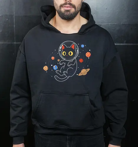 Purrfect Solar System - whimsical, aesthetic, spacecore, purrfect, cat, space, cosmos, galaxy, astronaut, astronomy, planet, planets, moon, stars, universe, scifi, futuristic, cute, kawaii, retro, vintage, geek, nerd, cosmic, celestial, orbital, explorer, adventure, night - Cropped Hoodie