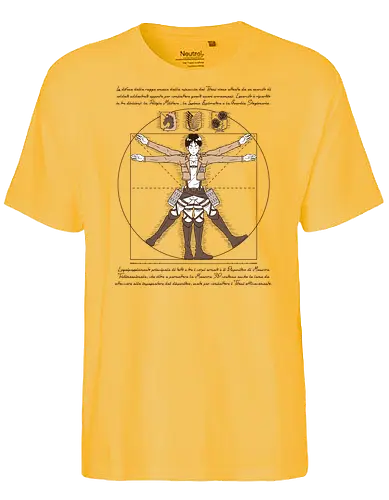 Krieger im Klassischen Renaissance-Diagramm - Attack, Shingeki no Kyojin, Eren Yeager, Shonen, Manga, Anime, Otaku, Militärabzeichen, italienische Kalligrafie, konzeptionelle Illustration, Mann in Bewegung, klassische Skizze, Militärjacke, Kampfstiefel, handgeschriebener Text, goldener Schnitt, historische Kunst, ausgerüsteter Krieger, anatomisches Diagramm, geometrischer Kreis, Renaissance-Kunst, Kampfausrüstung - Fairtrade T-Shirt