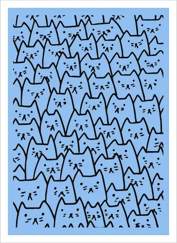 Verspielte Katzenmotive - Katzen, Kätzchen, Kritzelei, handgezeichnet, nahtloses Muster, Strichzeichnung, Schwarz-Weiß, Malvorlage, Katze, niedlich, sich wiederholendes Muster, Tapete, Hintergrund, minimalistisch, verspielt - Artprint