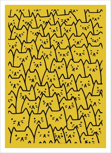 Verspielte Katzenmotive - Katzen, Kätzchen, Kritzelei, handgezeichnet, nahtloses Muster, Strichzeichnung, Schwarz-Weiß, Malvorlage, Katze, niedlich, sich wiederholendes Muster, Tapete, Hintergrund, minimalistisch, verspielt - Artprint