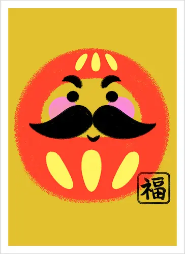 Mustached Daruma - japan, daruma, daruma doll, good luck, japanese culture, cute, geek, funny, doll, kawaii, zen, japanese - Artprint