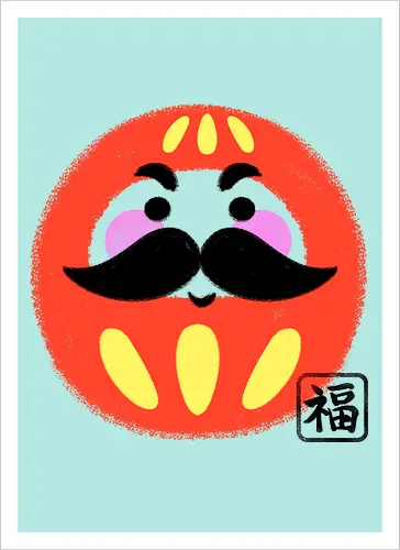 Mustached Daruma - japan, daruma, daruma doll, good luck, japanese culture, cute, geek, funny, doll, kawaii, zen, japanese - Artprint