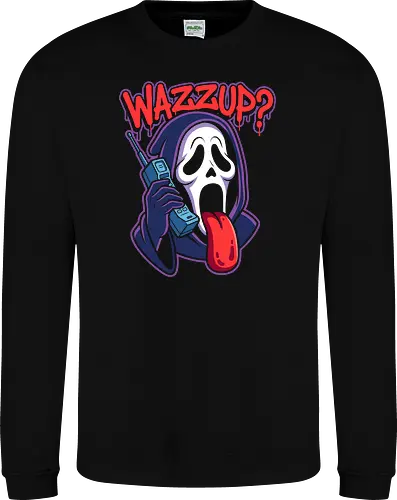 Wazzup Ghost - Wazzup shirt, Scary Movie graphic tee, funny Ghostface apparel, 90s nostalgia streetwear, retro horror comedy clothing, Halloween parody shirt, killer mask meme design, vintage cell phone graphic, spooky pop culture tee, horror movie fan merch - Sweatshirt