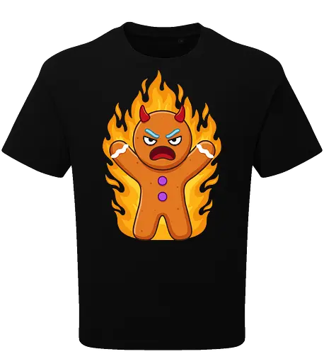 The Angry Gingerbread Demon - funny gingerbread shirt, angry cookie graphic tee, demonic holiday apparel, spicy christmas clothing, sarcastic baking merch, flaming gingerbread man design, dark humor winter streetwear, alternative holiday fashion, chaotic energy cartoon tee, anti christmas aesthetic - Oversize T-Shirt