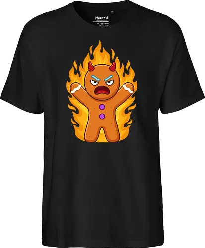The Angry Gingerbread Demon - funny gingerbread shirt, angry cookie graphic tee, demonic holiday apparel, spicy christmas clothing, sarcastic baking merch, flaming gingerbread man design, dark humor winter streetwear, alternative holiday fashion, chaotic energy cartoon tee, anti christmas aesthetic - Fairtrade T-Shirt