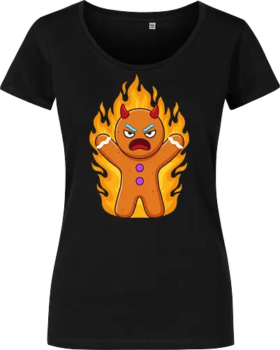 The Angry Gingerbread Demon - funny gingerbread shirt, angry cookie graphic tee, demonic holiday apparel, spicy christmas clothing, sarcastic baking merch, flaming gingerbread man design, dark humor winter streetwear, alternative holiday fashion, chaotic energy cartoon tee, anti christmas aesthetic - Women T-Shirt