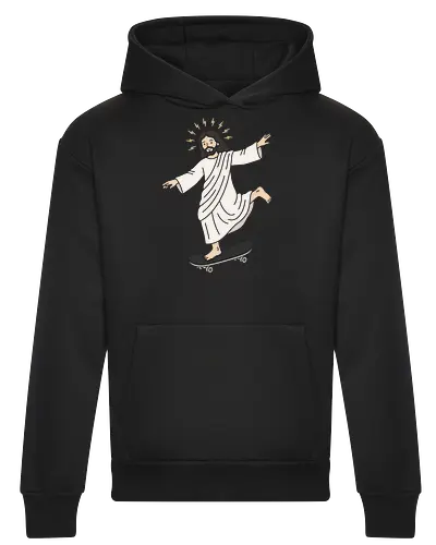 Holy Shredder: The Skating Savior - skateboarding Jesus shirt, funny religious graphic tee, holy skater apparel, ironic streetwear clothing, minimalist pop art design, funny christian merch, alternative aesthetic fashion, quirky skateboarder tee, barefoot skater graphic, humorous faith shirt - Heavyweight Hoodie