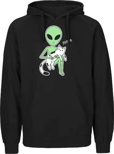 The Alien Cat Lover - alien cat shirt, minimalist sci-fi graphic tee, pastel alien apparel, negative space cat design, aesthetic extraterrestrial clothing, quirky animal streetwear, cosmic kitty merch, indie pop art fashion, UFO believer shirt, cute alien graphic - Fairtrade Hoodie