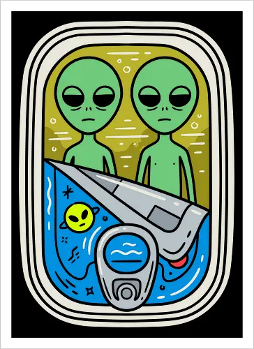 Freshly Packed Aliens - funny alien shirt, canned sardines graphic, surreal sci-fi apparel, UFO streetwear, quirky pop art tee, green alien clothing, retro cosmic design, weird indie fashion, extraterrestrial merch, aesthetic space shirt - Artprint