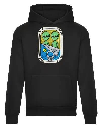 Freshly Packed Aliens - funny alien shirt, canned sardines graphic, surreal sci-fi apparel, UFO streetwear, quirky pop art tee, green alien clothing, retro cosmic design, weird indie fashion, extraterrestrial merch, aesthetic space shirt - Heavyweight Hoodie