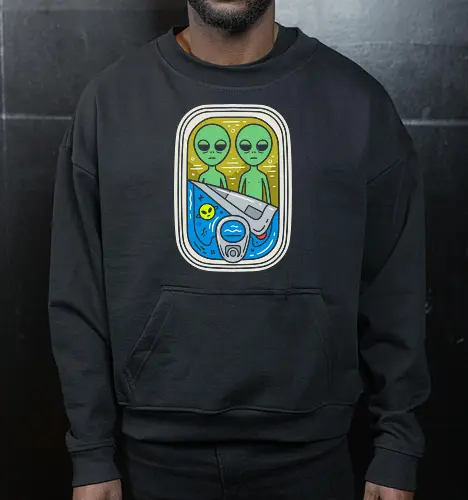 Freshly Packed Aliens - funny alien shirt, canned sardines graphic, surreal sci-fi apparel, UFO streetwear, quirky pop art tee, green alien clothing, retro cosmic design, weird indie fashion, extraterrestrial merch, aesthetic space shirt - Cropped Sweatshirt