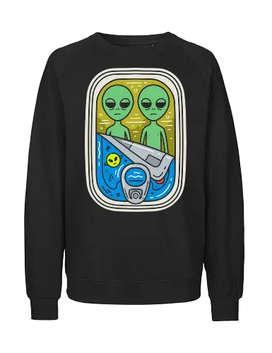 Freshly Packed Aliens - funny alien shirt, canned sardines graphic, surreal sci-fi apparel, UFO streetwear, quirky pop art tee, green alien clothing, retro cosmic design, weird indie fashion, extraterrestrial merch, aesthetic space shirt - Fairtrade Sweatshirt