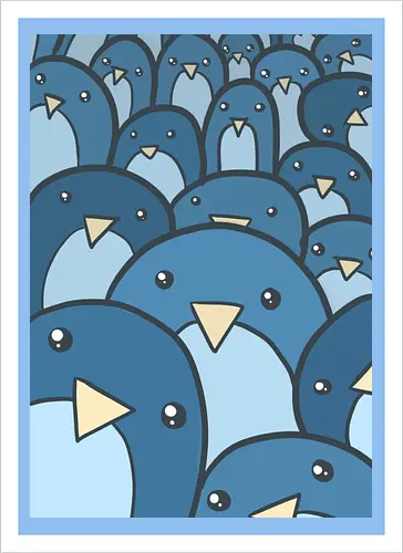 Eine Schar verspielter Pinguine - Vögel, niedlich, blau, Schwarm, Menge, Cartoon, Kritzelei, Illustration, Gesichter, skurril, witzig, Kinder, Kinderzimmer, Tapete - Artprint