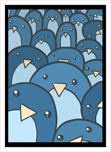 Eine Schar verspielter Pinguine - Vögel, niedlich, blau, Schwarm, Menge, Cartoon, Kritzelei, Illustration, Gesichter, skurril, witzig, Kinder, Kinderzimmer, Tapete - Artprint