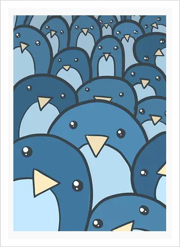 Eine Schar verspielter Pinguine - Vögel, niedlich, blau, Schwarm, Menge, Cartoon, Kritzelei, Illustration, Gesichter, skurril, witzig, Kinder, Kinderzimmer, Tapete - Artprint