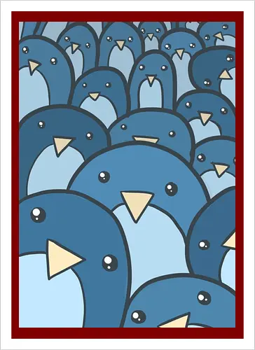 Eine Schar verspielter Pinguine - Vögel, niedlich, blau, Schwarm, Menge, Cartoon, Kritzelei, Illustration, Gesichter, skurril, witzig, Kinder, Kinderzimmer, Tapete - Artprint