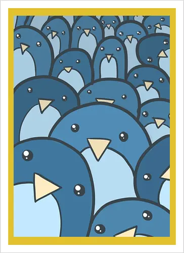 Eine Schar verspielter Pinguine - Vögel, niedlich, blau, Schwarm, Menge, Cartoon, Kritzelei, Illustration, Gesichter, skurril, witzig, Kinder, Kinderzimmer, Tapete - Artprint