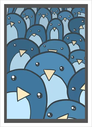 Eine Schar verspielter Pinguine - Vögel, niedlich, blau, Schwarm, Menge, Cartoon, Kritzelei, Illustration, Gesichter, skurril, witzig, Kinder, Kinderzimmer, Tapete - Artprint