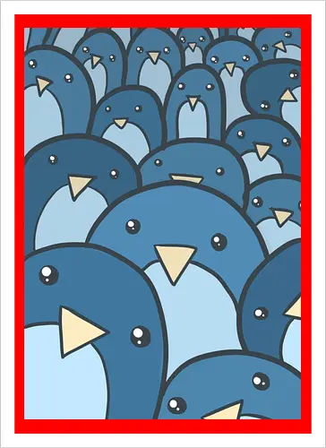 Eine Schar verspielter Pinguine - Vögel, niedlich, blau, Schwarm, Menge, Cartoon, Kritzelei, Illustration, Gesichter, skurril, witzig, Kinder, Kinderzimmer, Tapete - Artprint