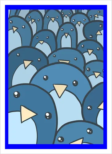 Eine Schar verspielter Pinguine - Vögel, niedlich, blau, Schwarm, Menge, Cartoon, Kritzelei, Illustration, Gesichter, skurril, witzig, Kinder, Kinderzimmer, Tapete - Artprint