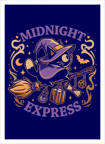 Midnight Express - Witchy Cat - black cat, witch, broomstick, delivery, witchcraft, spooky cute, halloween, hocus pocus, magic, flying, familiar, retro, vintage - Artprint