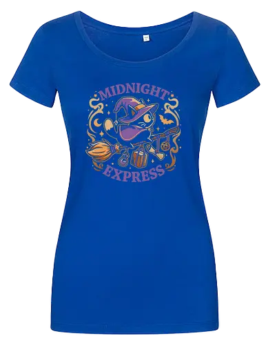 Midnight Express - Witchy Cat - black cat, witch, broomstick, delivery, witchcraft, spooky cute, halloween, hocus pocus, magic, flying, familiar, retro, vintage - Women T-Shirt