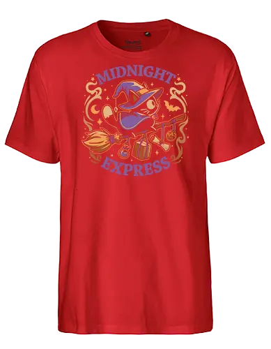Midnight Express - Witchy Cat - black cat, witch, broomstick, delivery, witchcraft, spooky cute, halloween, hocus pocus, magic, flying, familiar, retro, vintage - Fairtrade T-Shirt