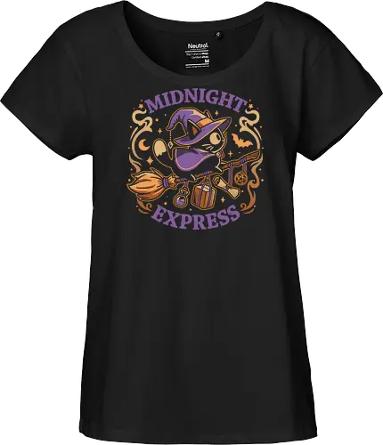 Midnight Express - Witchy Cat - black cat, witch, broomstick, delivery, witchcraft, spooky cute, halloween, hocus pocus, magic, flying, familiar, retro, vintage - Fairtrade Girl Shirt