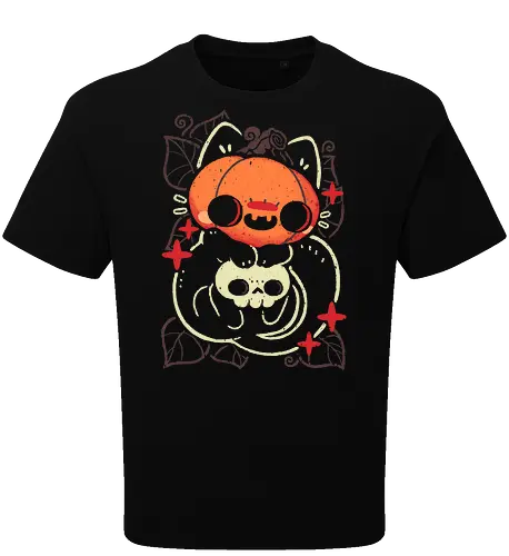 Cute Pumpkin Head Cat - cat pumpkin, pumpkin head, black cat, halloween, spooky cute, creepy cute, jack o lantern, skull, fall, autumn, goth, occult, kawaii, dark, xmorfina - Oversize T-Shirt