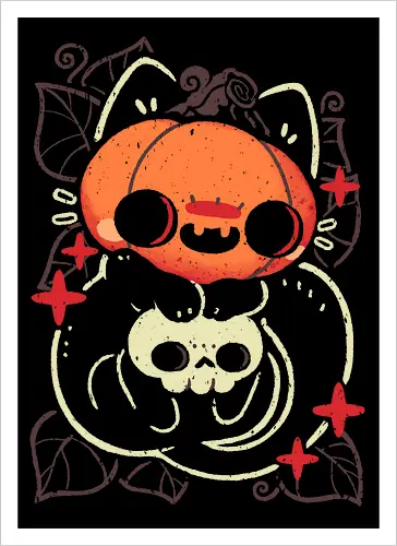 Cute Pumpkin Head Cat - cat pumpkin, pumpkin head, black cat, halloween, spooky cute, creepy cute, jack o lantern, skull, fall, autumn, goth, occult, kawaii, dark, xmorfina - Artprint