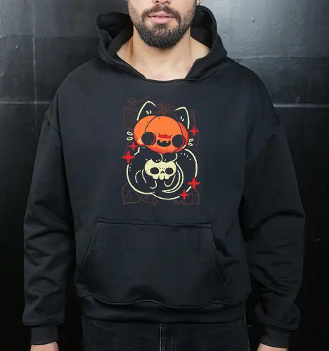 Cute Pumpkin Head Cat - cat pumpkin, pumpkin head, black cat, halloween, spooky cute, creepy cute, jack o lantern, skull, fall, autumn, goth, occult, kawaii, dark, xmorfina - Cropped Hoodie